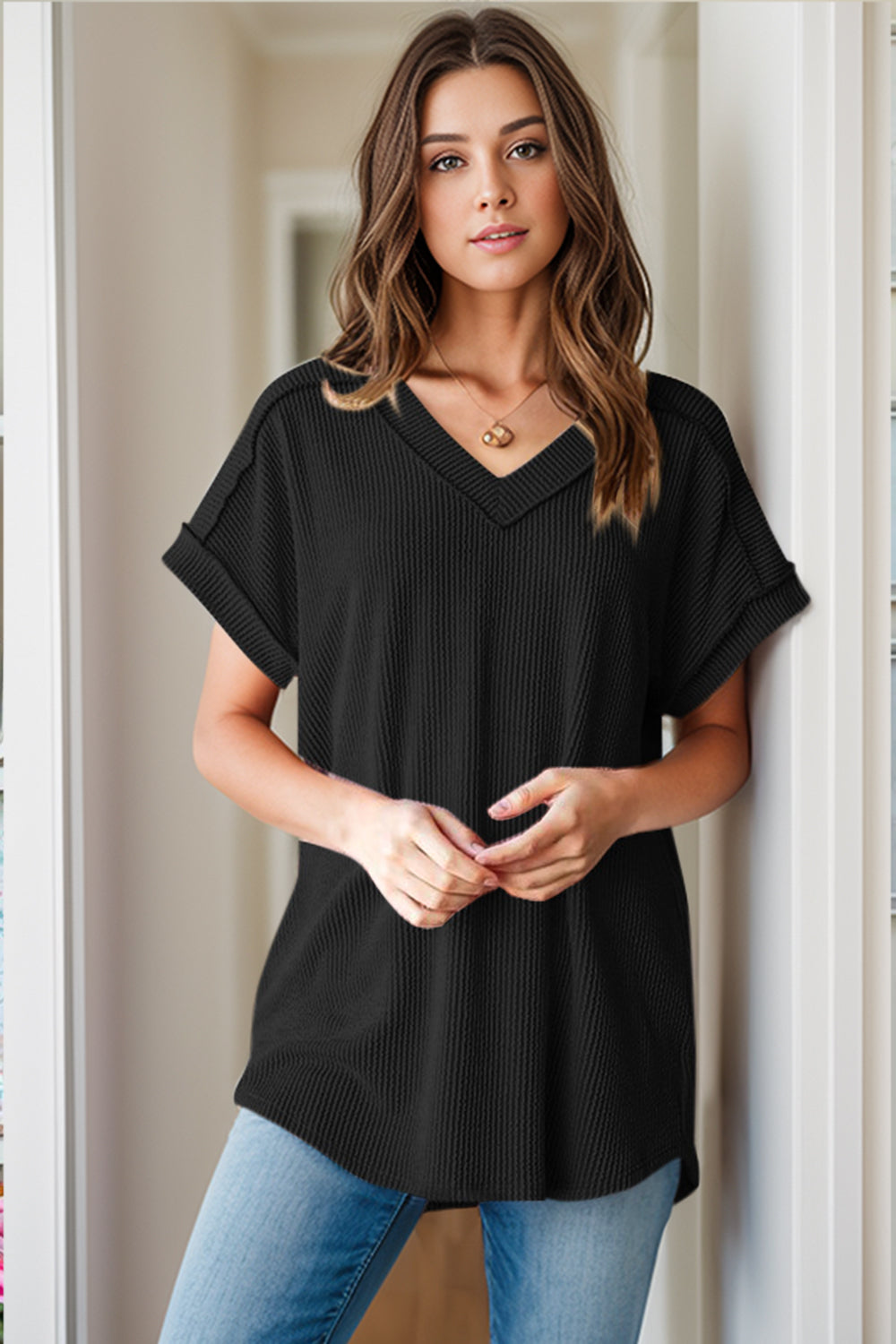 Textured V-Neck Short Sleeve Women's Top