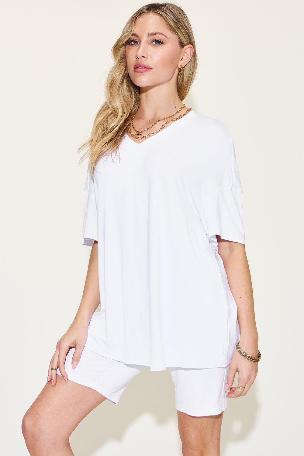 Basic Bae Full Size Women's V-Neck Drop Shoulder T-Shirt and Shorts Set