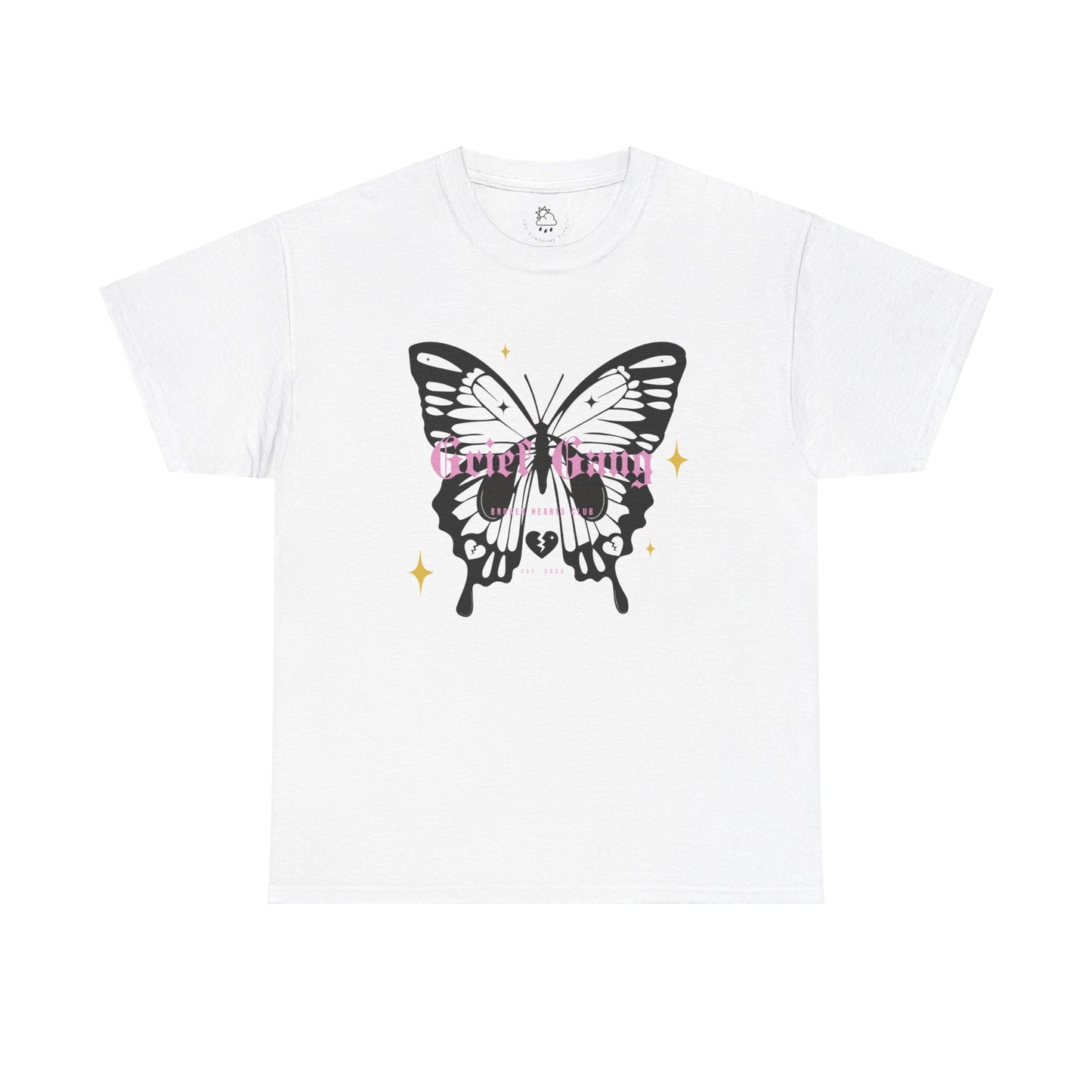 Grief Gang Broken Hearts Club Butterfly Unisex Heavy Cotton Casual Crewneck Tee - Grief, Death, Love, Loss, Mourning - White T-Shirt