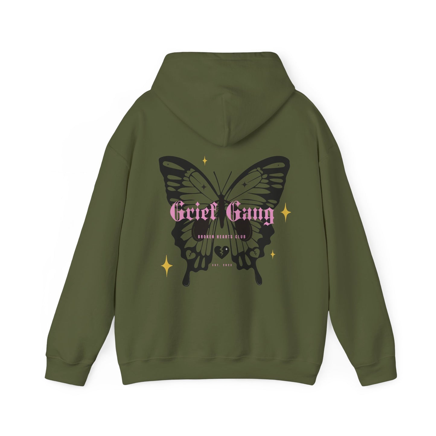 Grief Gang Broken Hearts Club Butterfly Unisex Heavy Blend™ Hooded Sweatshirt - Grief, Death, Love, Loss, Mourning - Print on Back