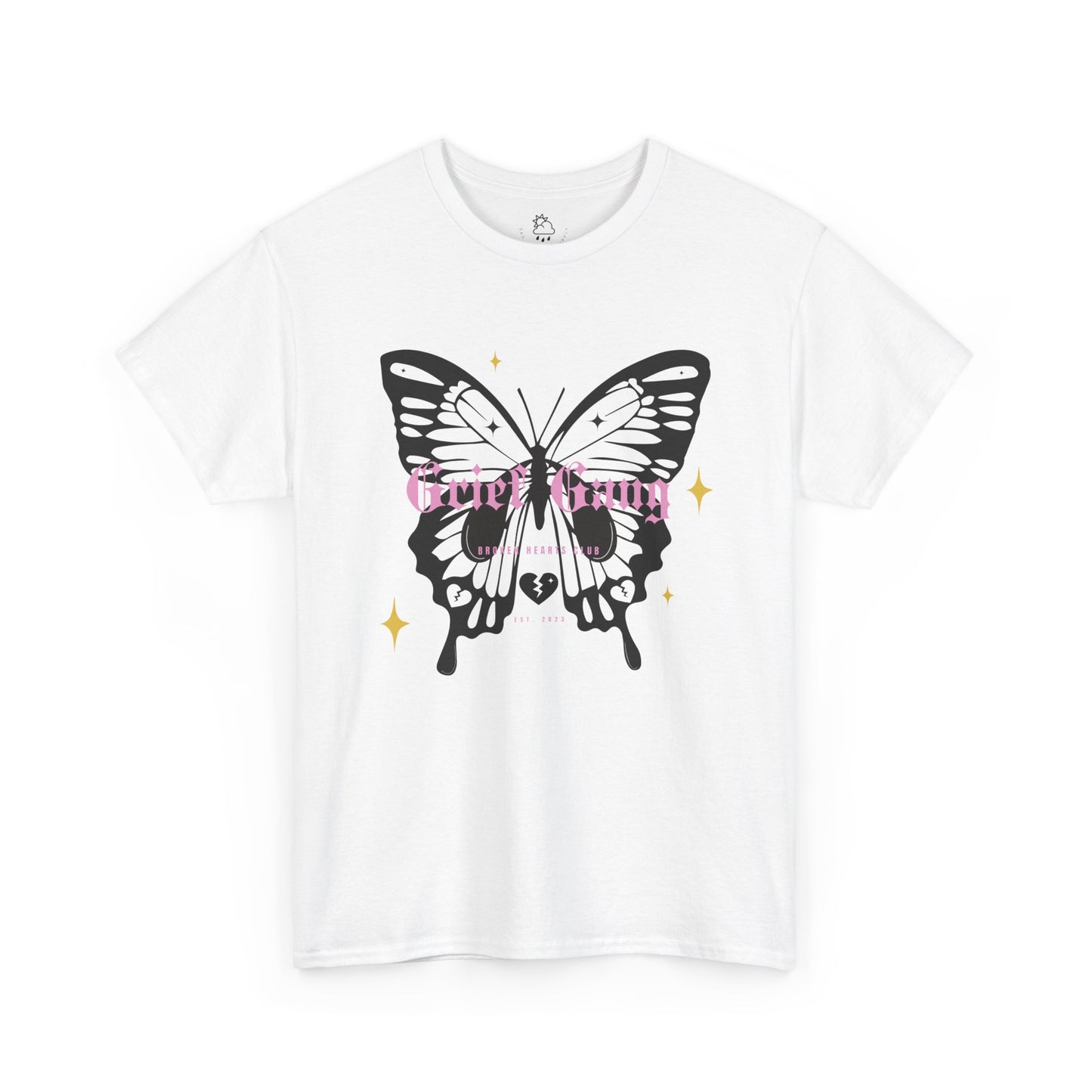 Grief Gang Broken Hearts Club Butterfly Unisex Heavy Cotton Casual Crewneck Tee - Grief, Death, Love, Loss, Mourning - White T-Shirt