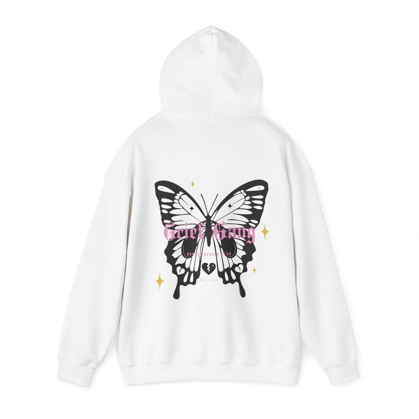 Grief Gang Broken Hearts Club Butterfly Unisex Heavy Blend™ Hooded Sweatshirt - Grief, Death, Love, Loss, Mourning - Print on Back