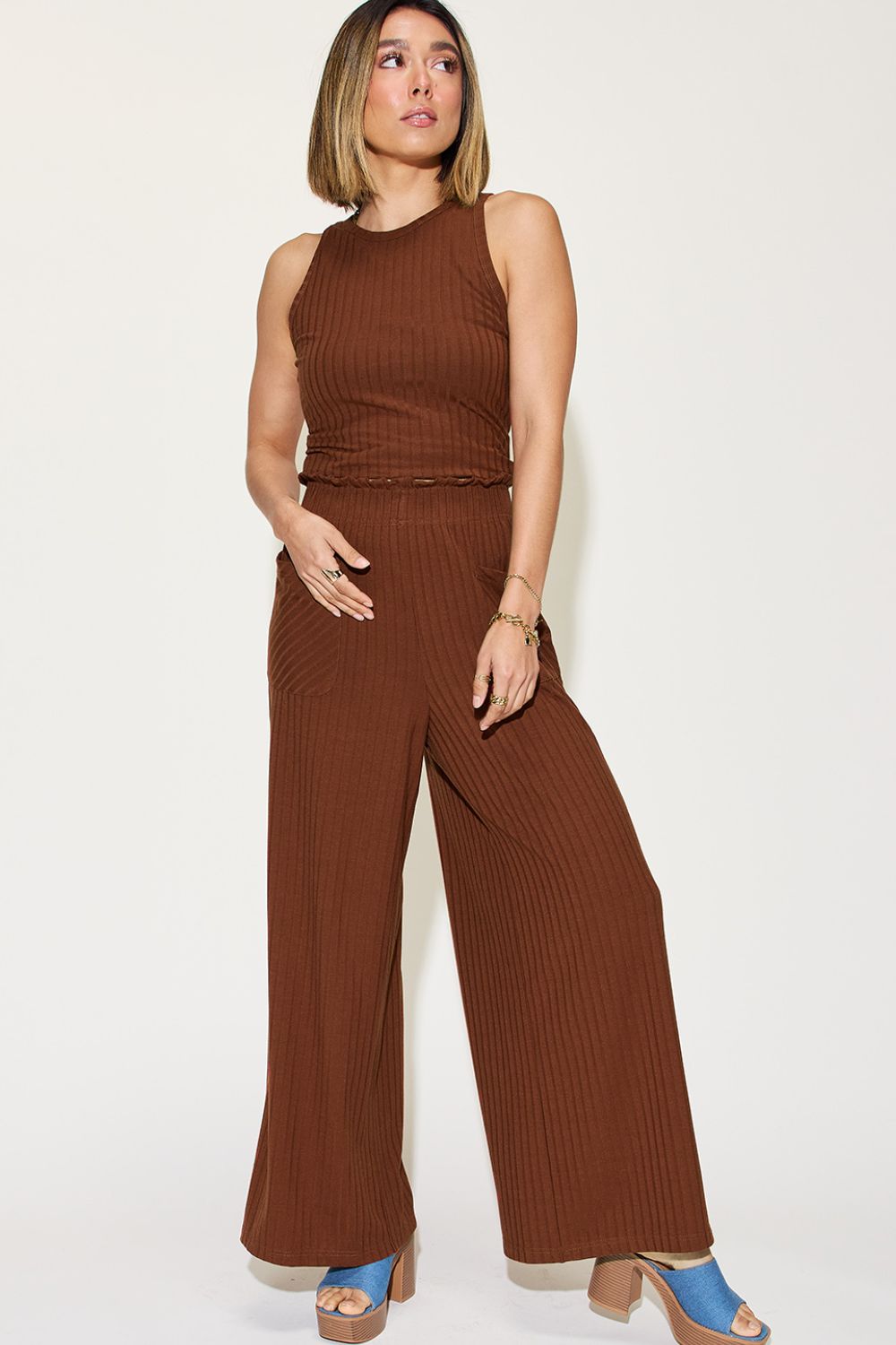 Basic Bae Women's Full-Size Ribbed Tank and Wide Leg Pants Set