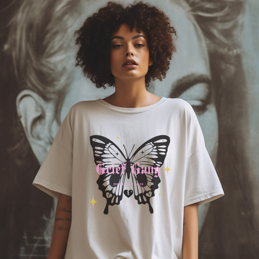 Grief Gang Broken Hearts Club Butterfly Unisex Heavy Cotton Casual Crewneck Tee - Grief, Death, Love, Loss, Mourning - White T-Shirt