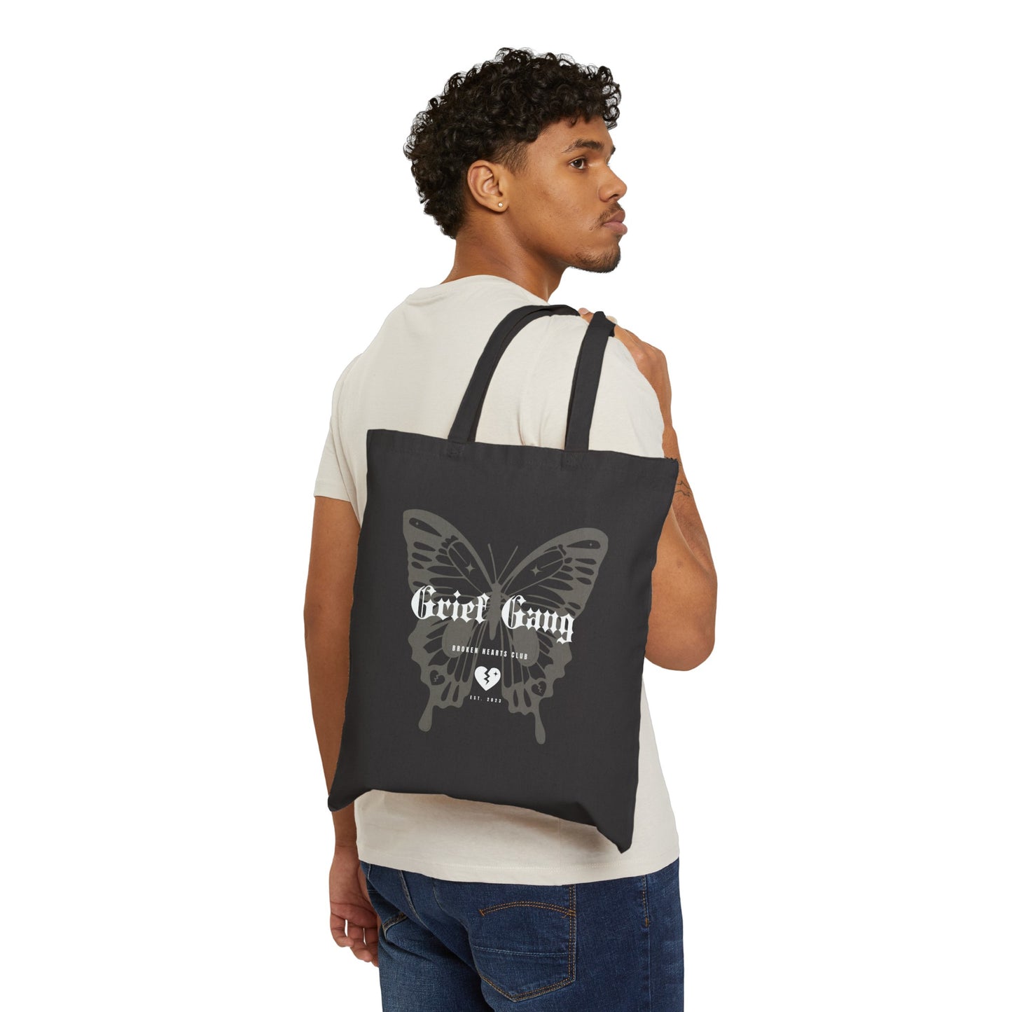 Grief Gang Broken Hearts Club Butterfly Cotton Canvas Tote Bag - Black