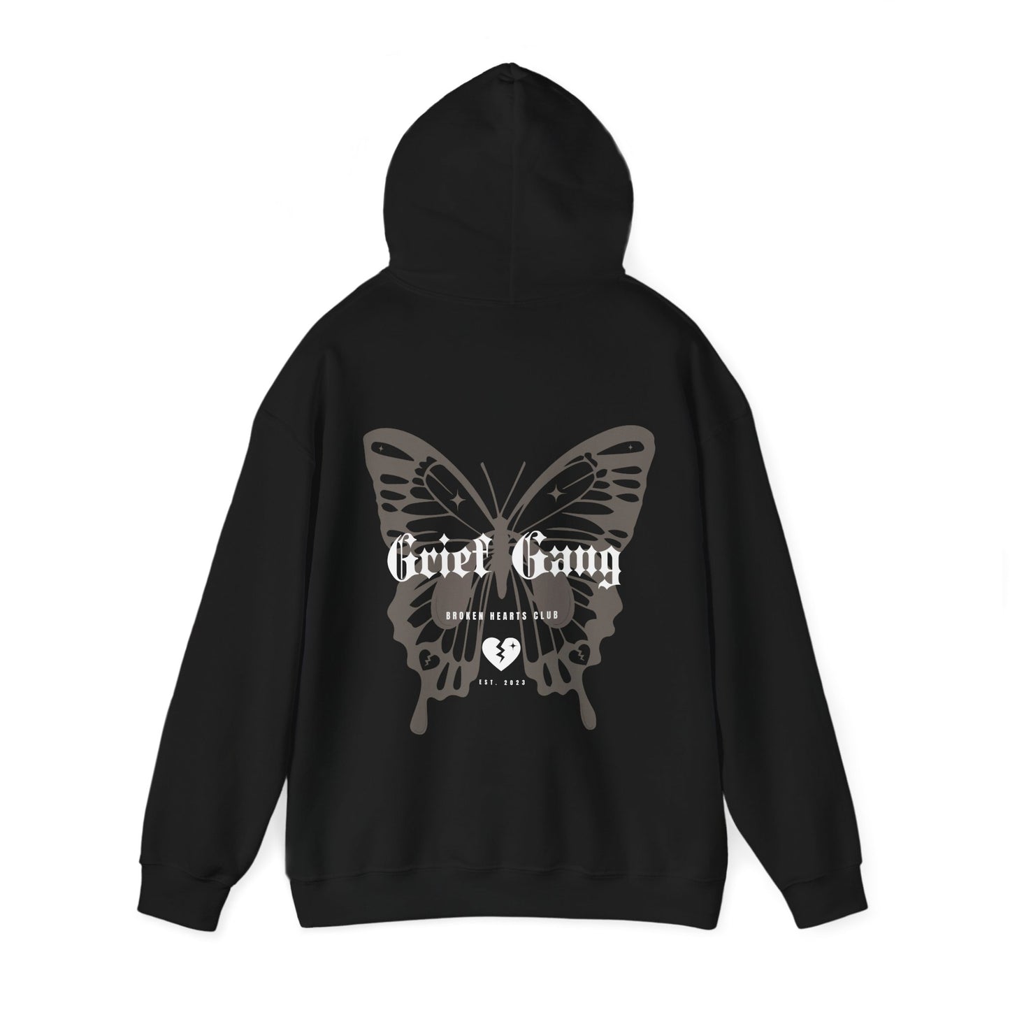 Grief Gang Broken Hearts Club Butterfly Unisex Heavy Blend™ Hooded Sweatshirt - Grief, Death, Love, Loss, Mourning - Print on Back