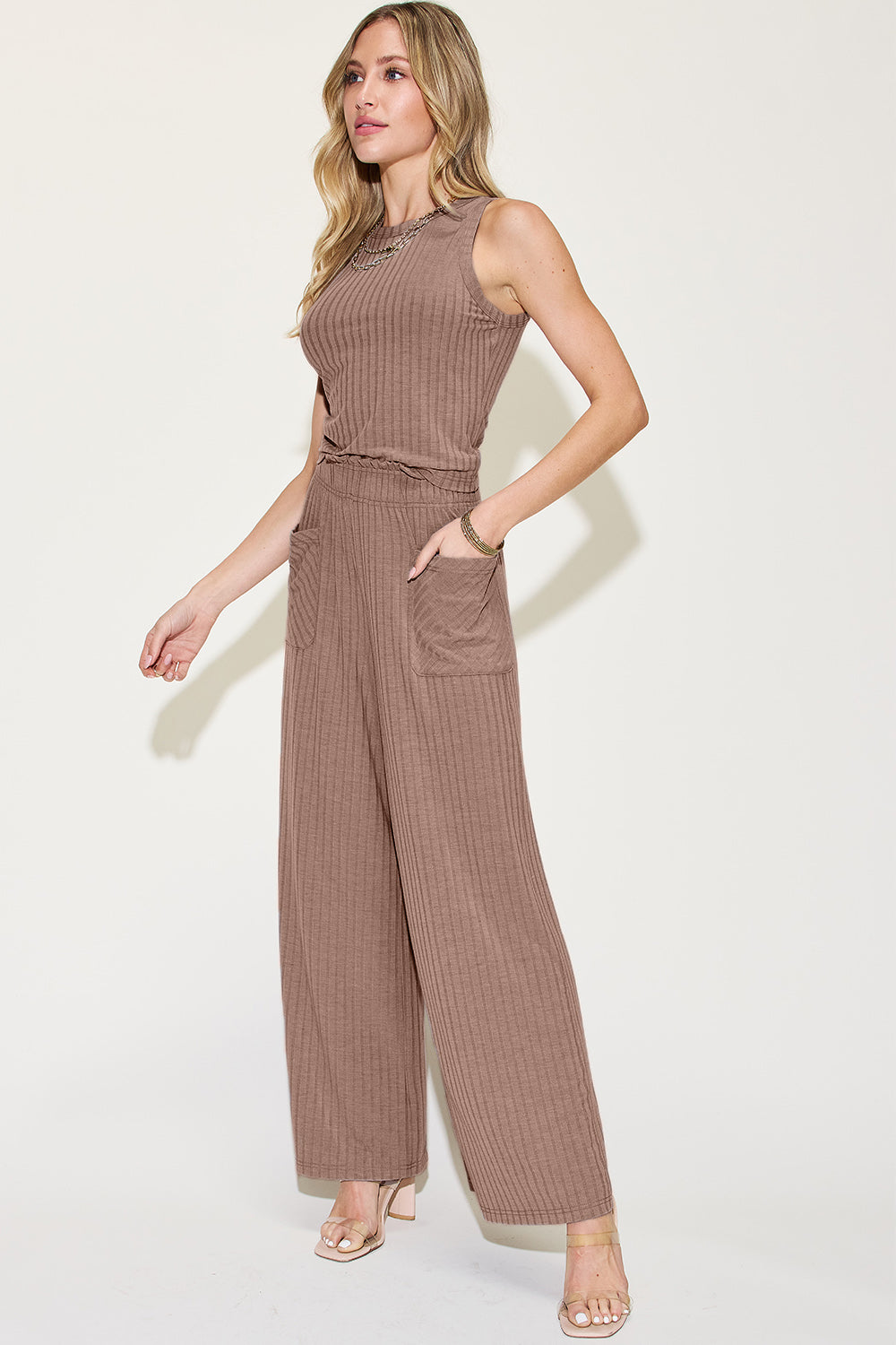 Basic Bae Women's Full-Size Ribbed Tank and Wide Leg Pants Set