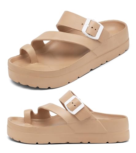 Womens Platform Sandals with Arch Support, Adjustable Buckle Beach Sandal Woman Comfort Lightweight Ultra Cushion EVA Slides