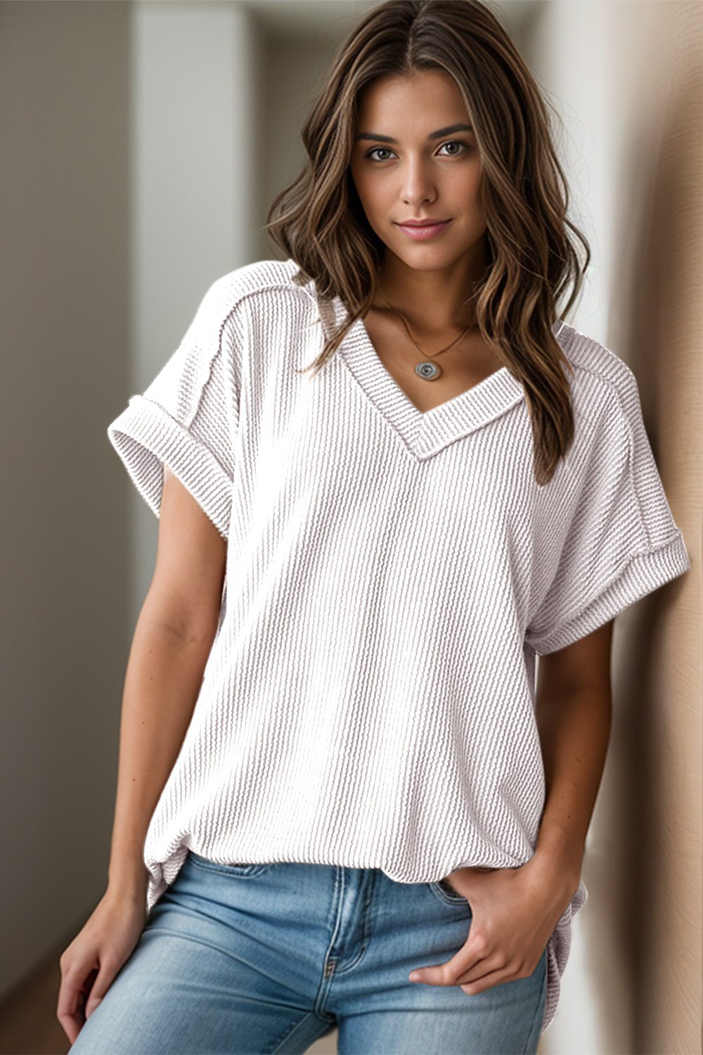 Textured V-Neck Short Sleeve Women's Top