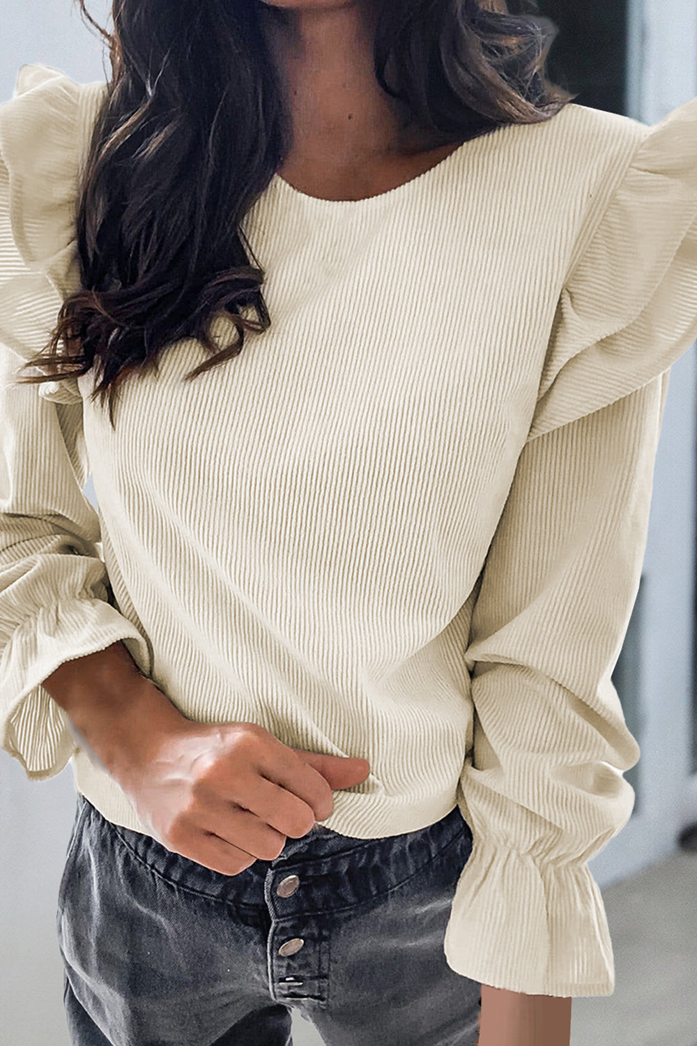 Ruffled Round Neck Flounce Sleeve Top