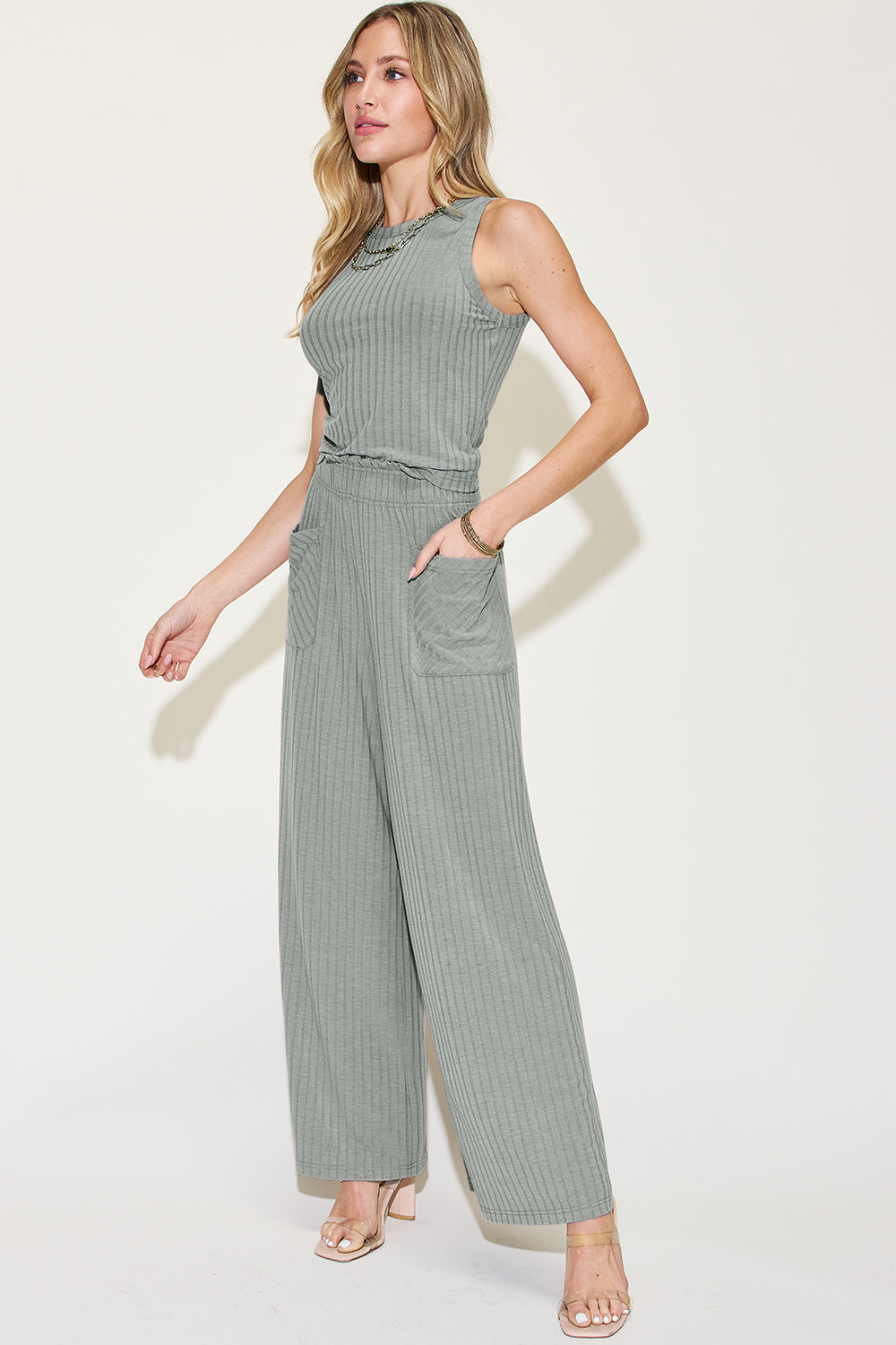 Basic Bae Women's Full-Size Ribbed Tank and Wide Leg Pants Set