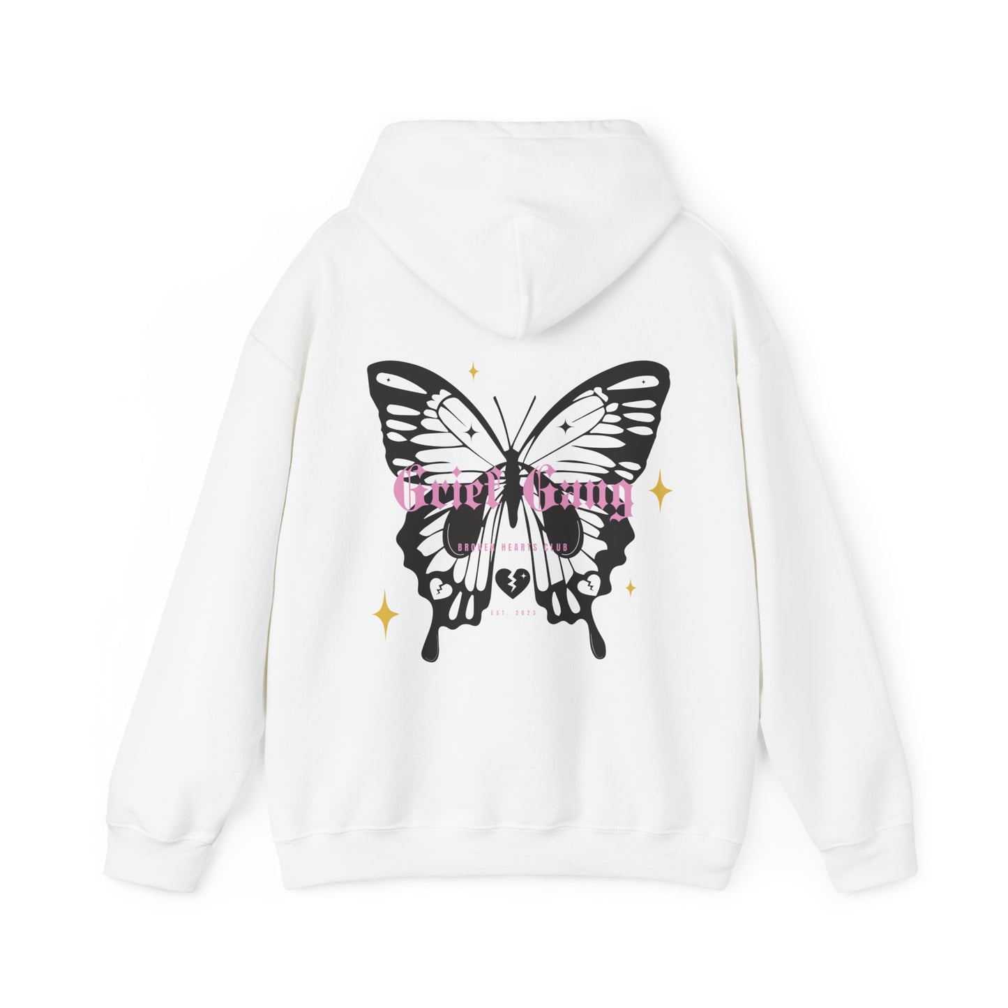 Grief Gang Broken Hearts Club Butterfly Unisex Heavy Blend™ Hooded Sweatshirt - Grief, Death, Love, Loss, Mourning - Print on Back