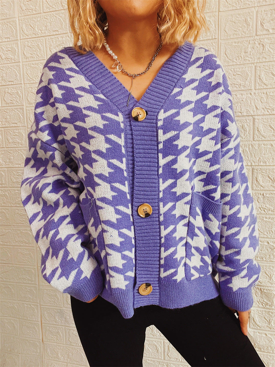 Houndstooth Botton Front  Cardigan with Pockets