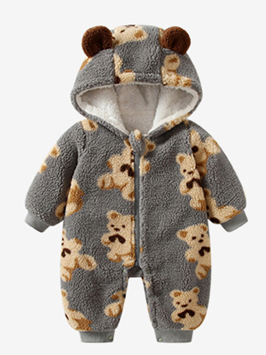 Teddy Bear Zip-Up Long-Sleeve Hooded Cozy Winter Jumpsuit for Baby/Toddler