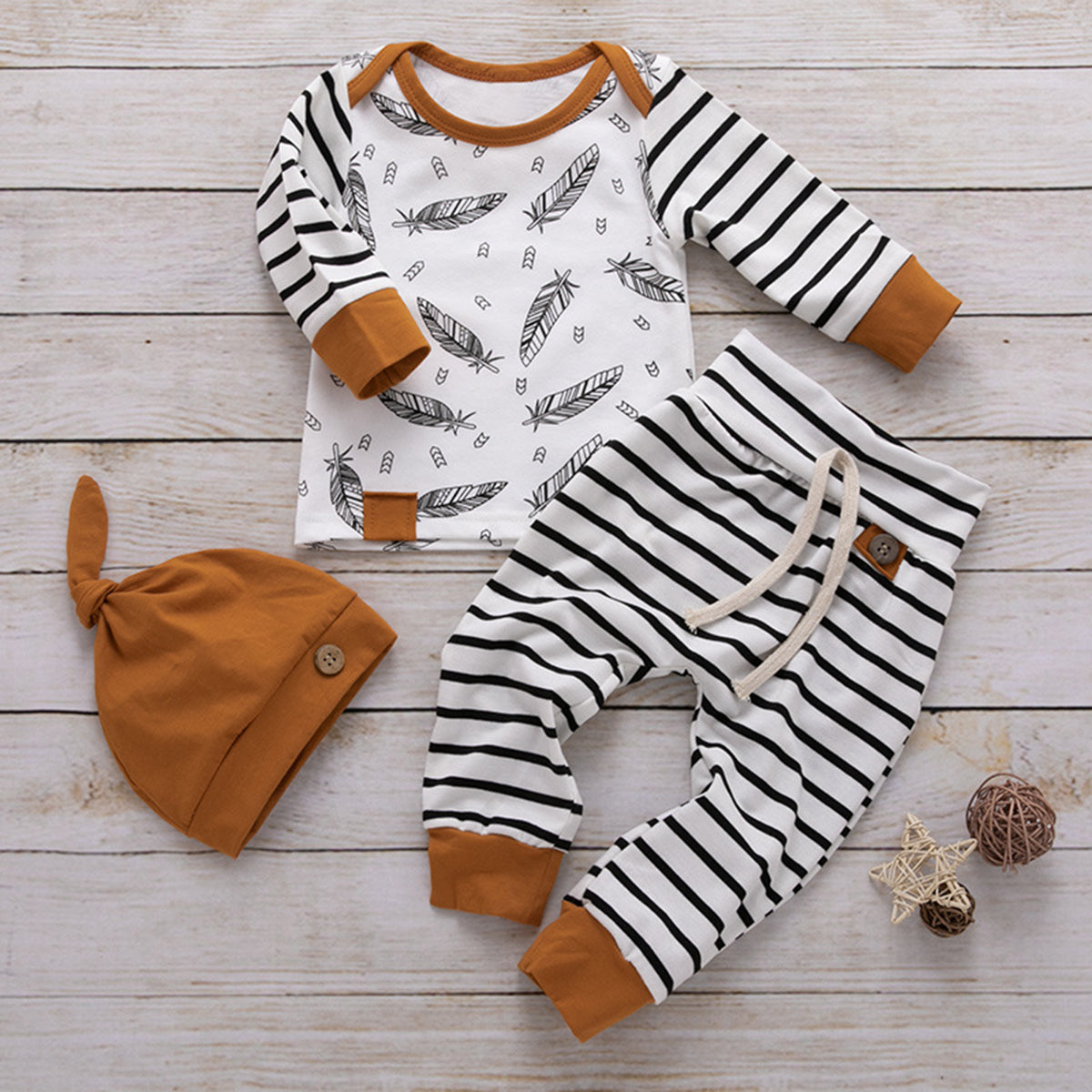 Stripes and Feathers Printed Long-Sleeve Top and Tied Pants with Hat Set,  0-12 Months