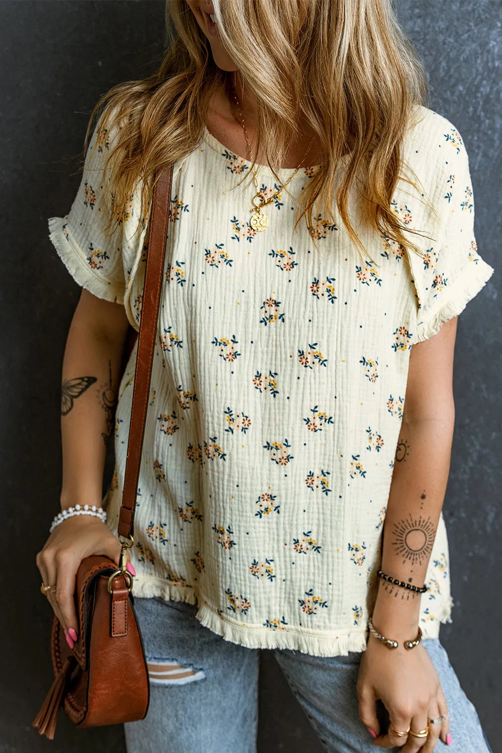 Raw Hem Printed Round Neck Short Sleeve Top