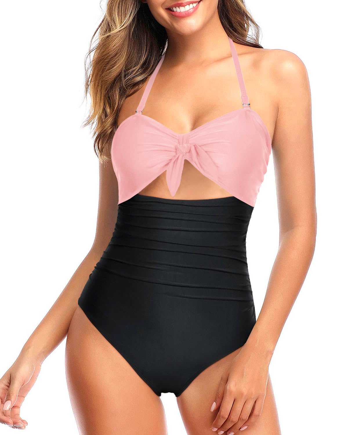 Tempt Me Women Sexy Cutout One Piece Swimsuits Tummy Control High Waisted Halter Front Tie Knot Bathing Suit