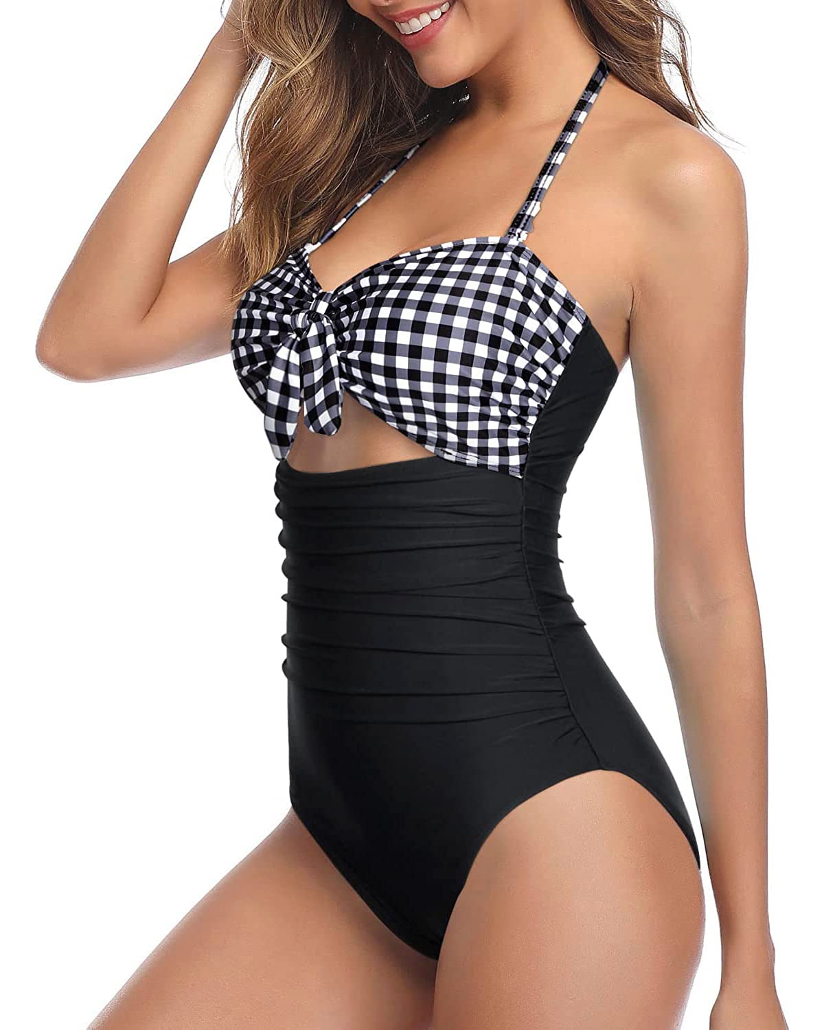 Tempt Me Women Sexy Cutout One Piece Swimsuits Tummy Control High Waisted Halter Front Tie Knot Bathing Suit