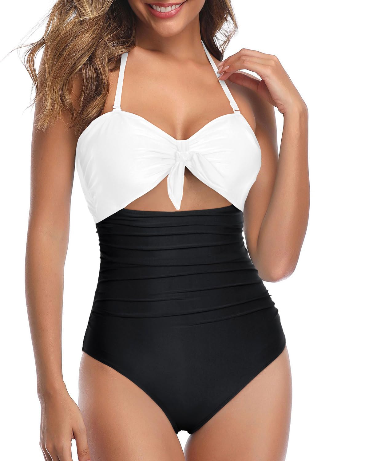 Tempt Me Women Sexy Cutout One Piece Swimsuits Tummy Control High Waisted Halter Front Tie Knot Bathing Suit