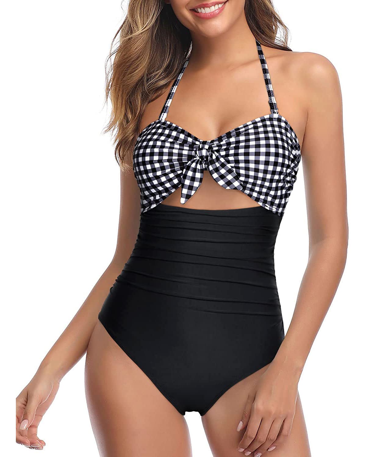 Tempt Me Women Sexy Cutout One Piece Swimsuits Tummy Control High Waisted Halter Front Tie Knot Bathing Suit