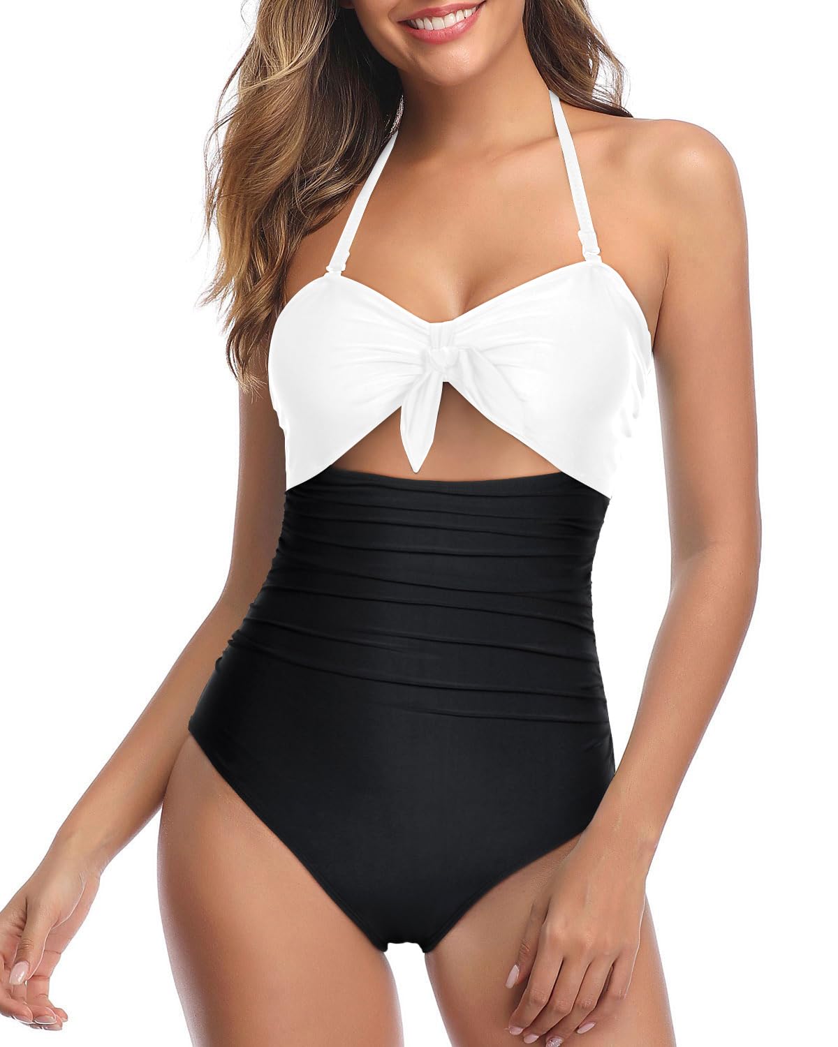 Tempt Me Women Sexy Cutout One Piece Swimsuits Tummy Control High Waisted Halter Front Tie Knot Bathing Suit