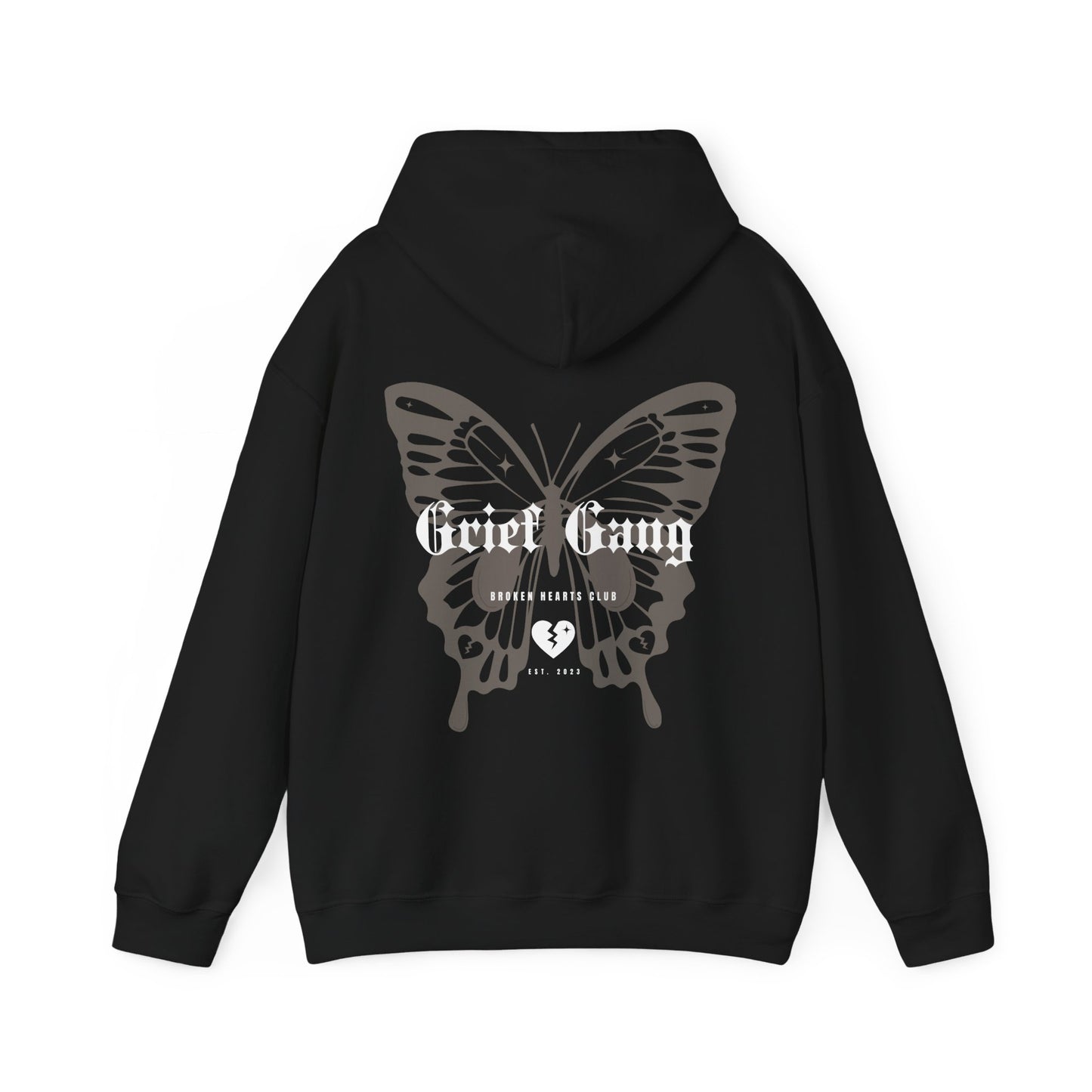 Grief Gang Broken Hearts Club Butterfly Unisex Heavy Blend™ Hooded Sweatshirt - Grief, Death, Love, Loss, Mourning - Print on Back