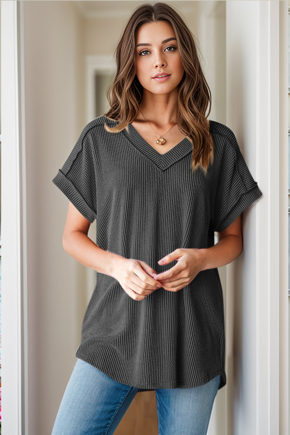 Textured V-Neck Short Sleeve Women's Top