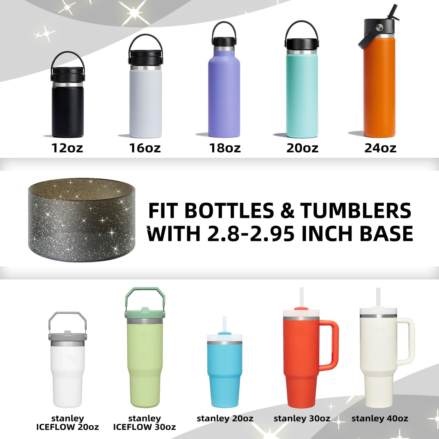 Vmini Protective Glitter Silicone Boot, Compatible with Stanley Tumbler 20-40oz & Hydro Flask Water Bottle 12-24oz and More Bottles/Tumblers with 2.8-2.95in Bottom, Bling Anti-Slip Sleeve Cover