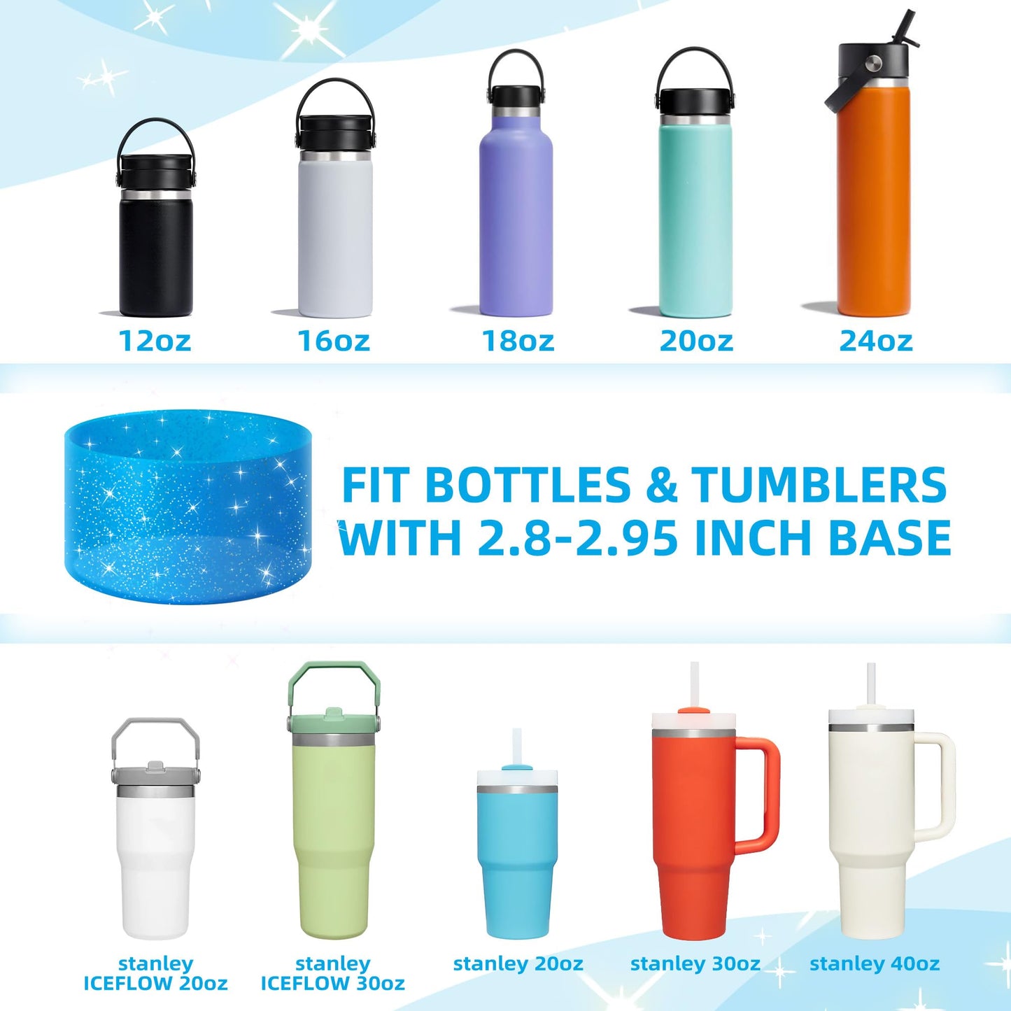 Vmini Protective Glitter Silicone Boot, Compatible with Stanley Tumbler 20-40oz & Hydro Flask Water Bottle 12-24oz and More Bottles/Tumblers with 2.8-2.95in Bottom, Bling Anti-Slip Sleeve Cover