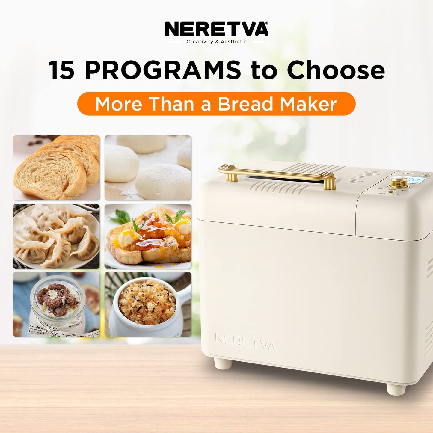 Neretva Bread Maker, [2.2LB Max & 15-in-1] Compact Size Bread Maker Machine Metal Material & Auto Nut Dispenser Bread Machine with Gluten Free White Wheat Rye French Pizza etc