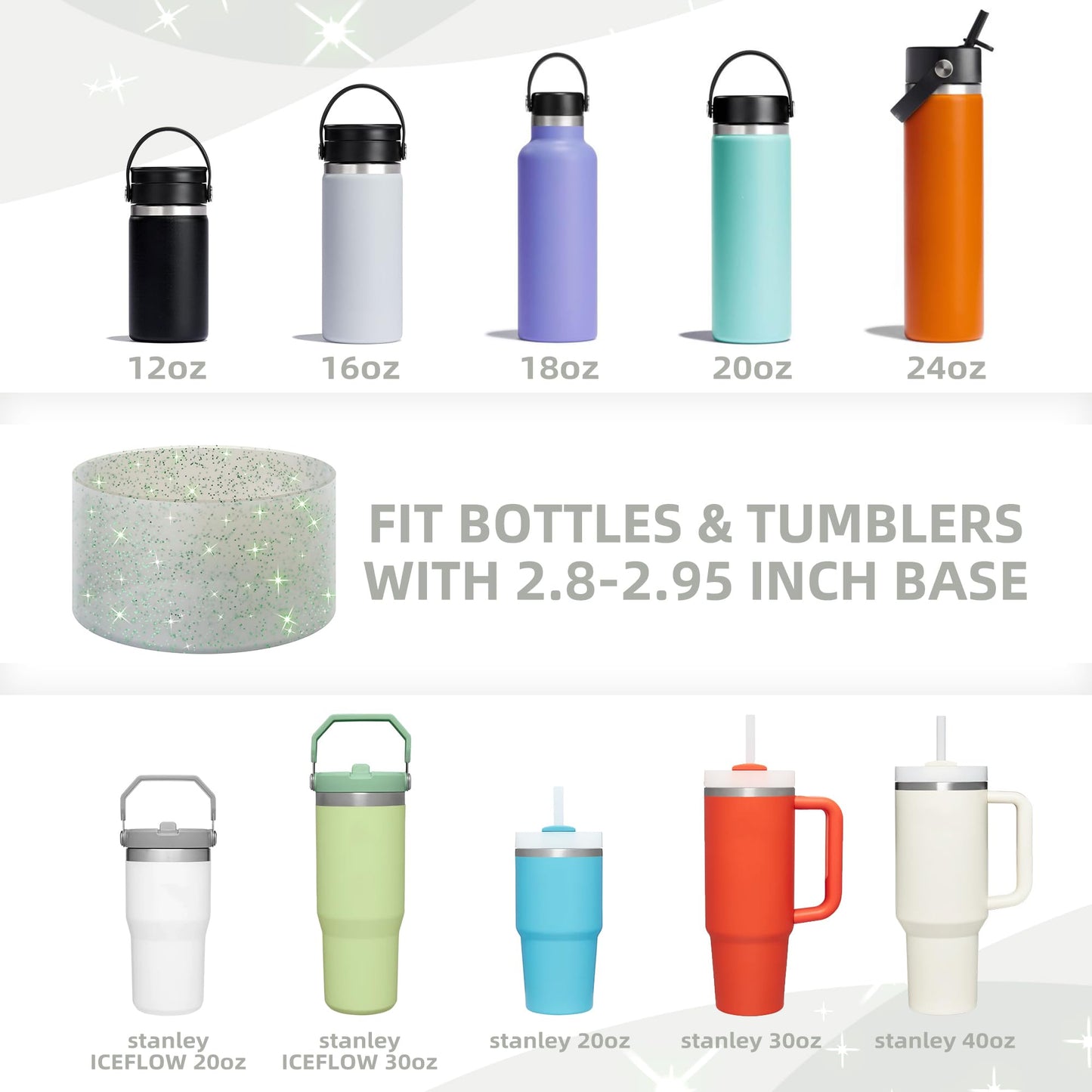 Vmini Protective Glitter Silicone Boot, Compatible with Stanley Tumbler 20-40oz & Hydro Flask Water Bottle 12-24oz and More Bottles/Tumblers with 2.8-2.95in Bottom, Bling Anti-Slip Sleeve Cover