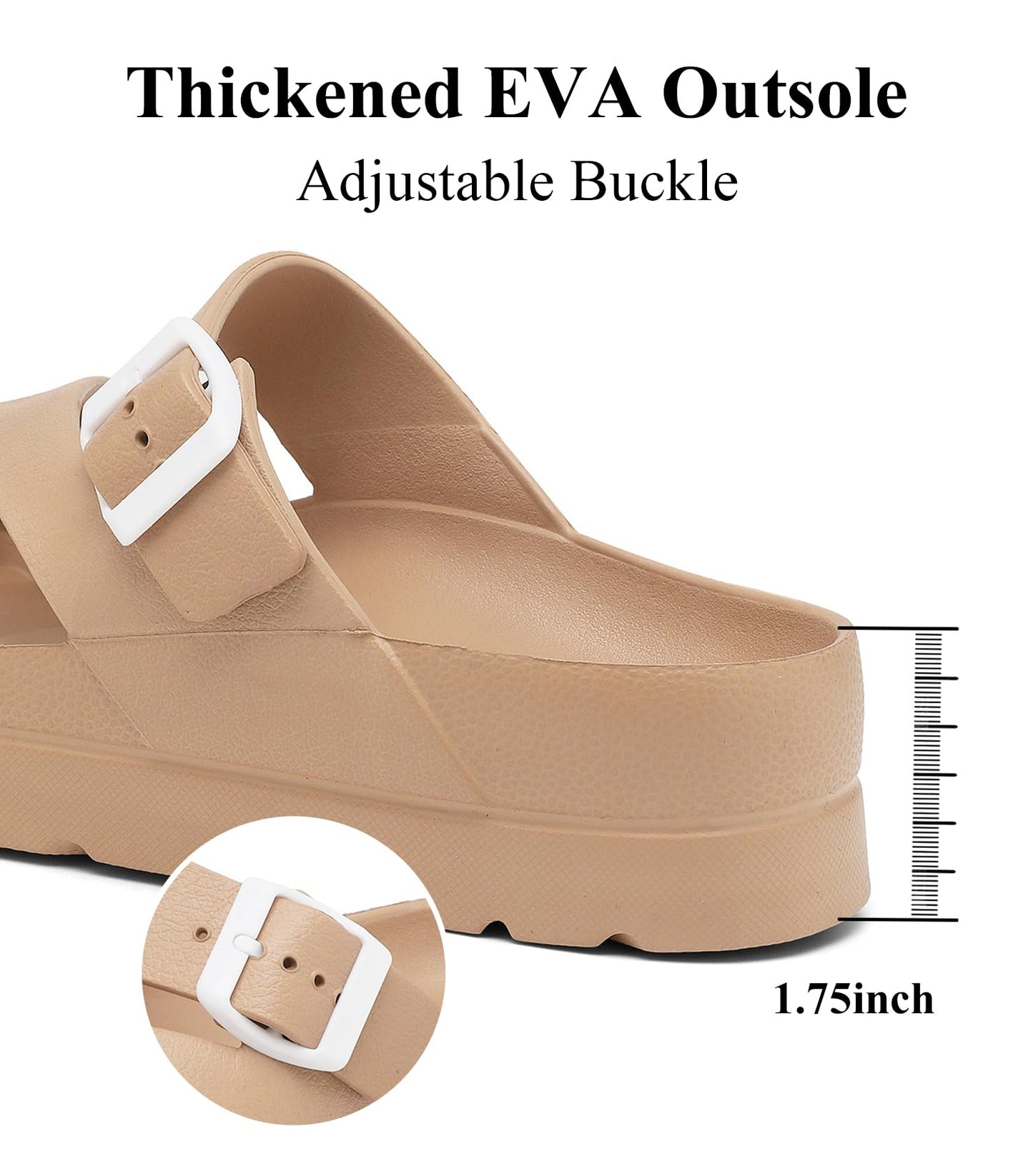 Womens Platform Sandals with Arch Support, Adjustable Buckle Beach Sandal Woman Comfort Lightweight Ultra Cushion EVA Slides