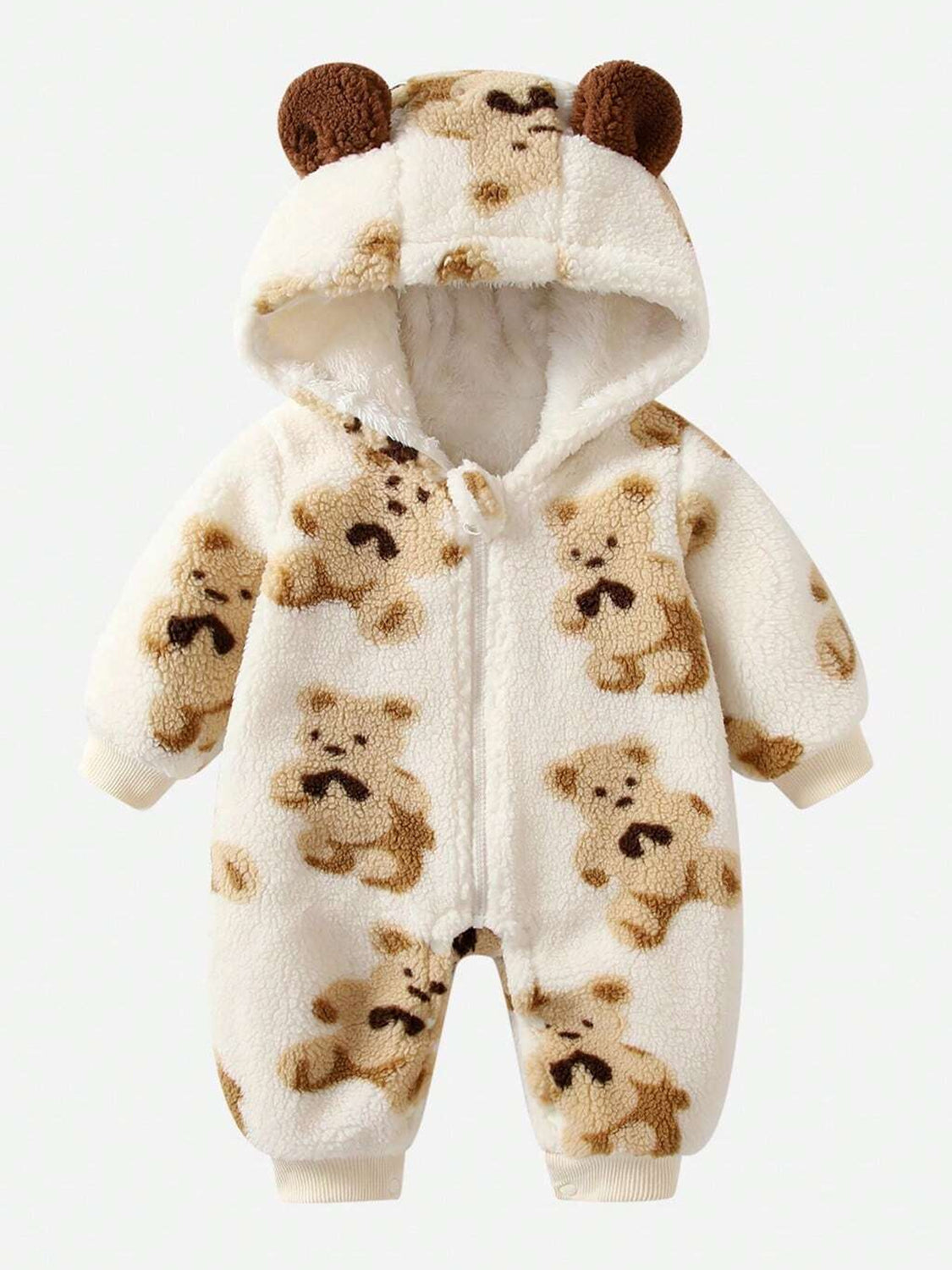 Teddy Bear Zip-Up Long-Sleeve Hooded Cozy Winter Jumpsuit for Baby/Toddler