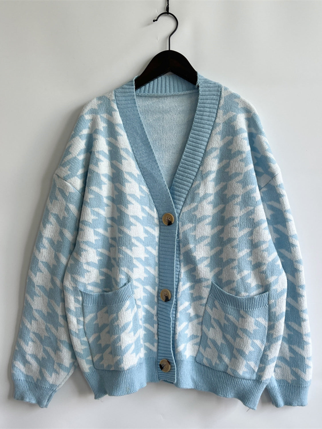 Houndstooth Botton Front  Cardigan with Pockets