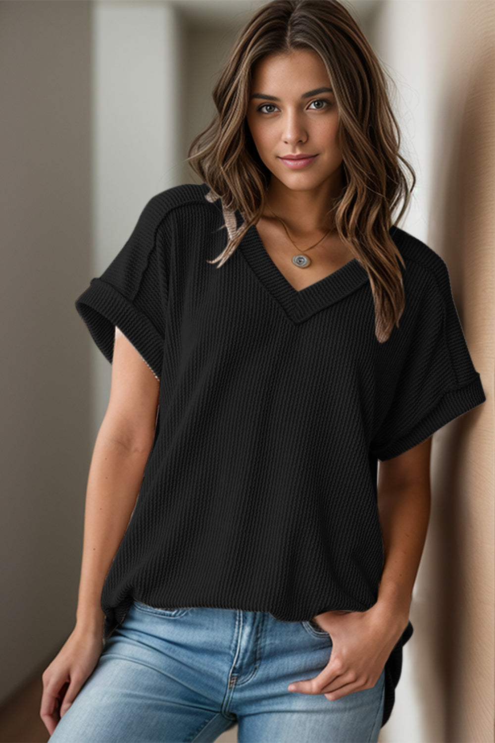 Textured V-Neck Short Sleeve Women's Top