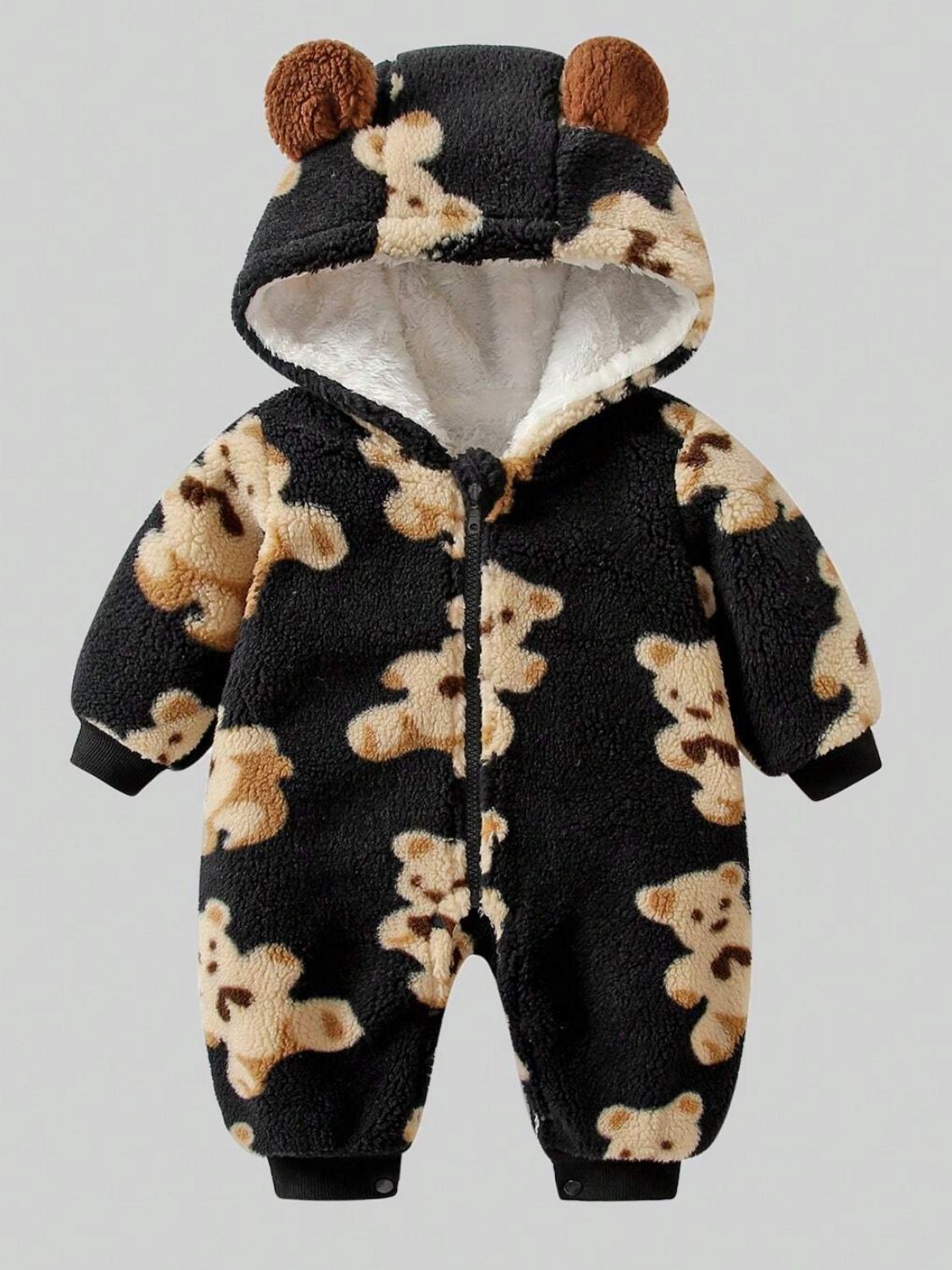 Teddy Bear Zip-Up Long-Sleeve Hooded Cozy Winter Jumpsuit for Baby/Toddler