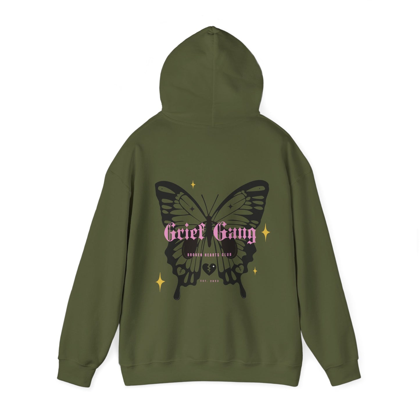 Grief Gang Broken Hearts Club Butterfly Unisex Heavy Blend™ Hooded Sweatshirt - Grief, Death, Love, Loss, Mourning - Print on Back