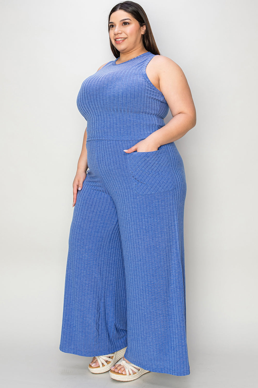 Basic Bae Women's Full-Size Ribbed Tank and Wide Leg Pants Set