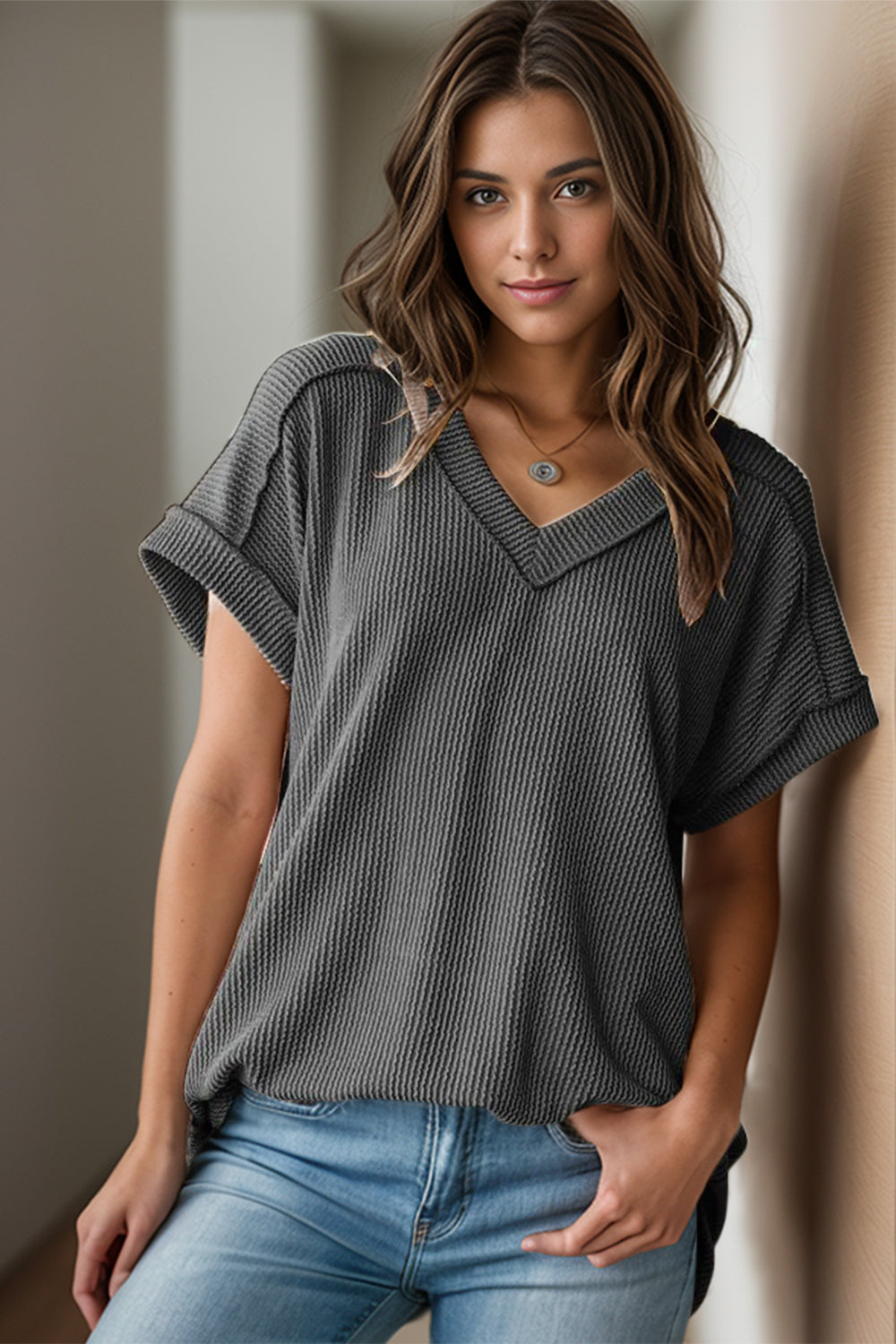 Textured V-Neck Short Sleeve Women's Top