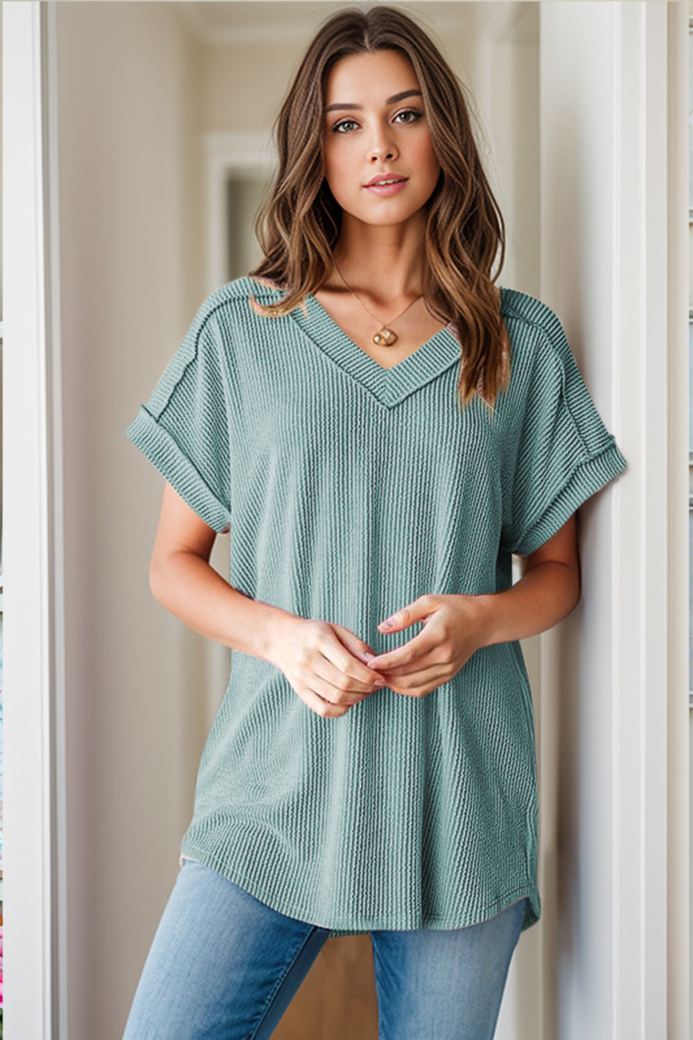 Textured V-Neck Short Sleeve Women's Top