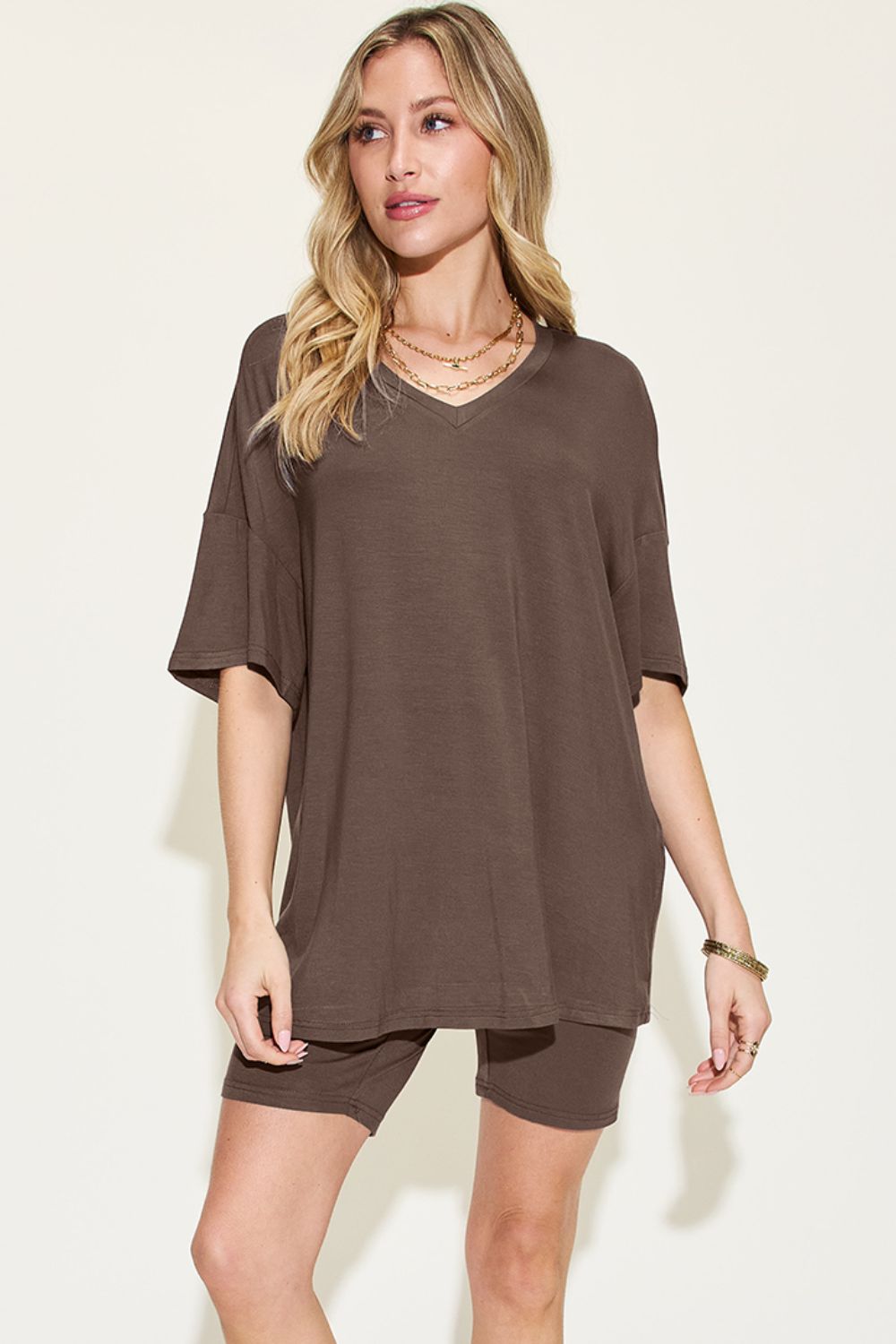 Basic Bae Full Size Women's V-Neck Drop Shoulder T-Shirt and Shorts Set