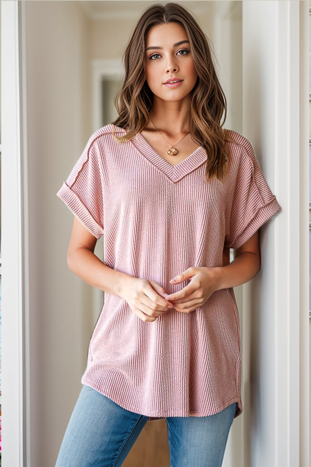 Textured V-Neck Short Sleeve Women's Top