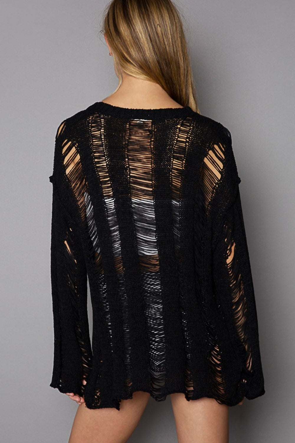 POL Distressed Round Neck Long Sleeve Knit Cover Up