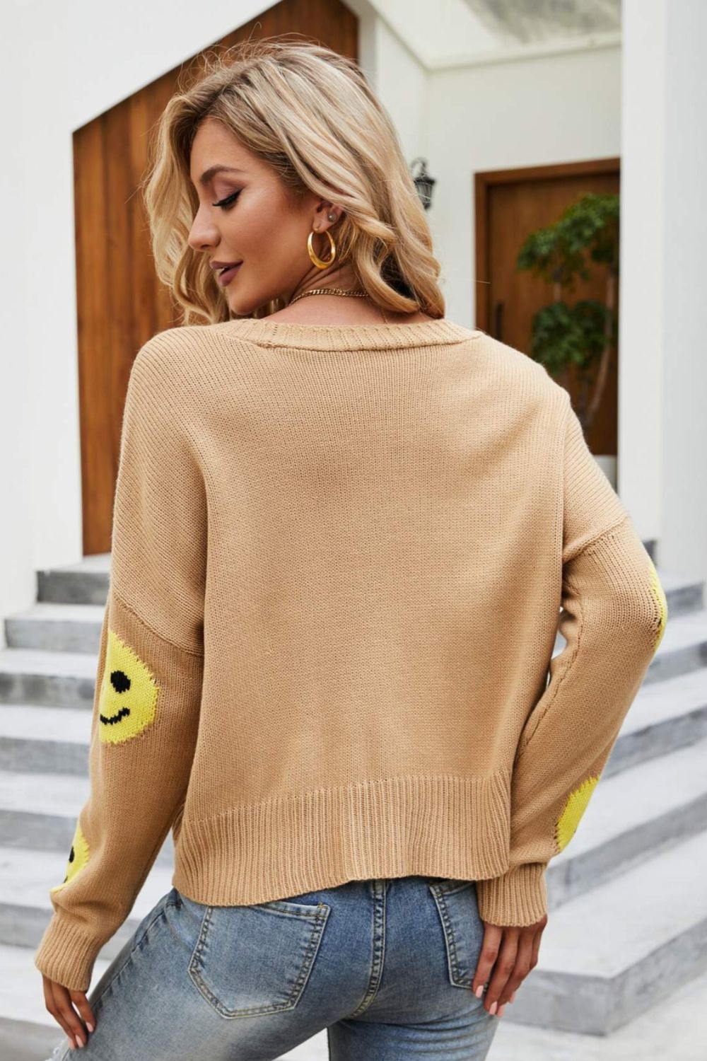 Smiley Face Ribbed Trim V-Neck Cardigan